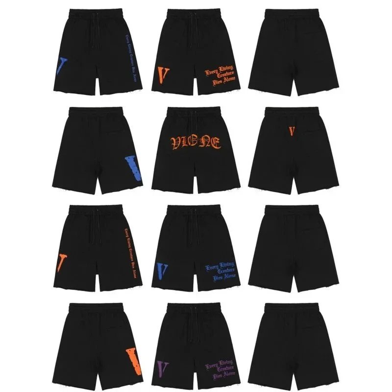 VICNE Black Cotton Shorts with Logo and Slogan Design