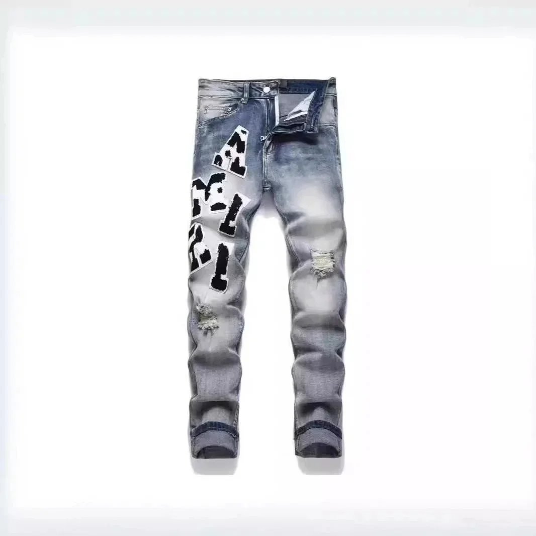 Ripped Denim Jeans with Patchwork Design for Men