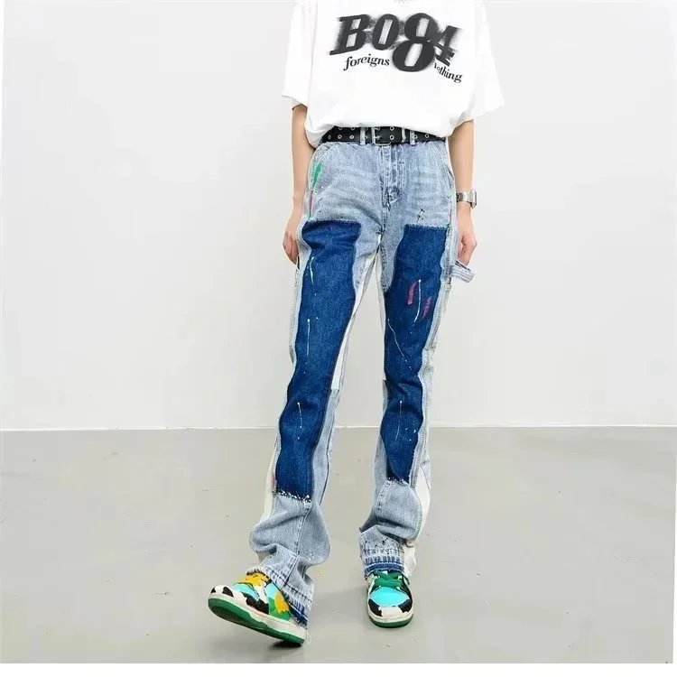 Patchwork Denim Jeans High Waist Streetwear Style