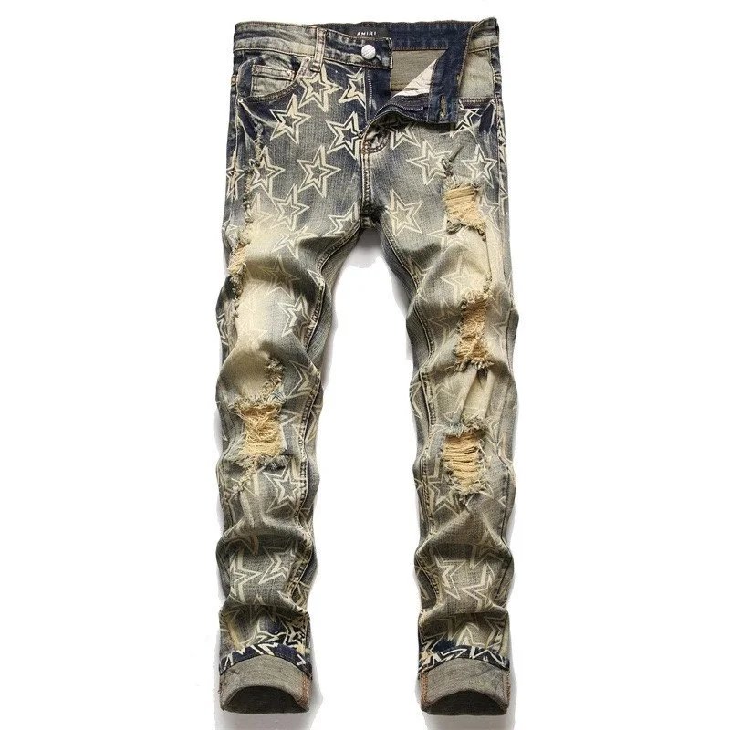 Men's Star Printed Ripped Distressed Jeans Fashion Denim Pants