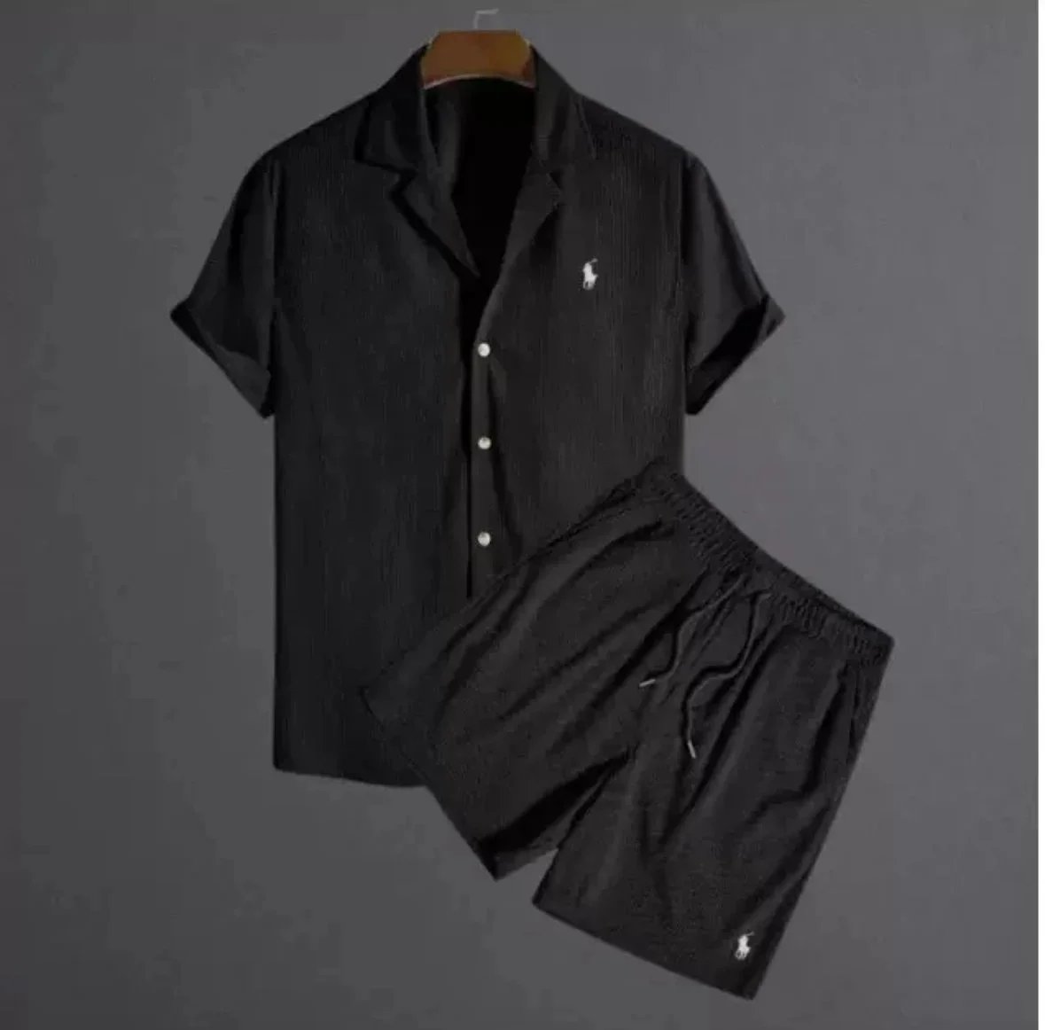 Men's Black Pajama Set Short Sleeve Shirt and Shorts
