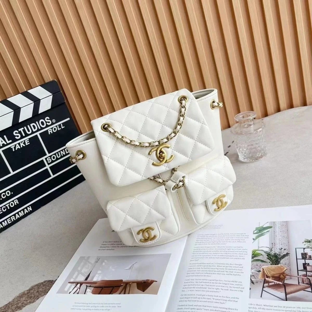 White Quilted Chain Shoulder Bag with CC Logo
