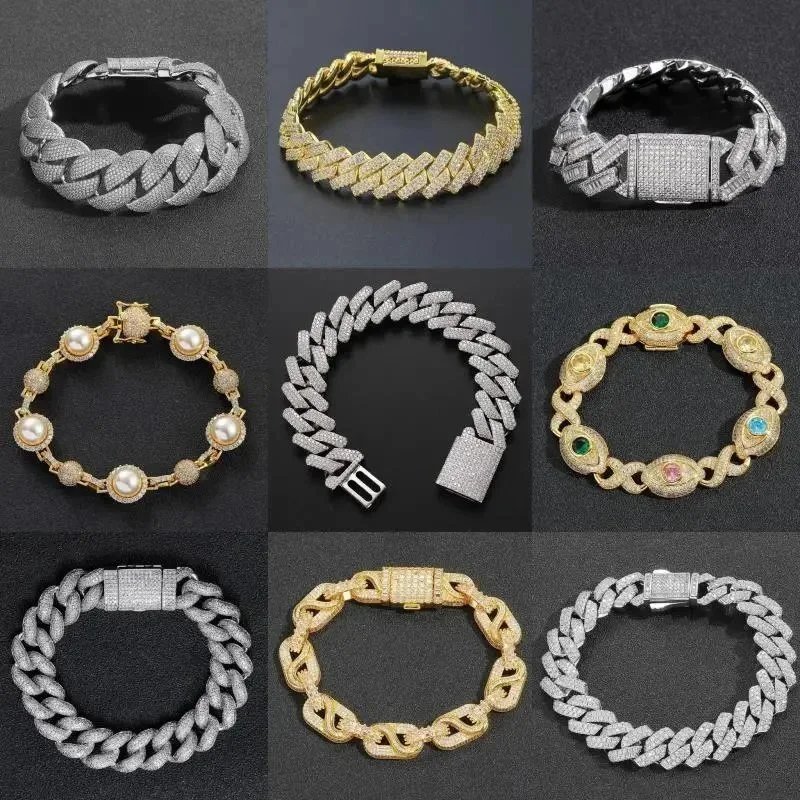 Hip Hop Iced Out Bracelets Men Gold Silver Cuban Chain Jewelry