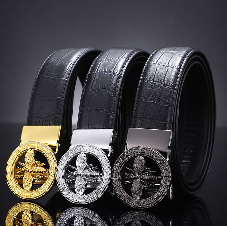 Men's Crocodile Pattern Leather Belt with Bee Buckle Gold Silver Black