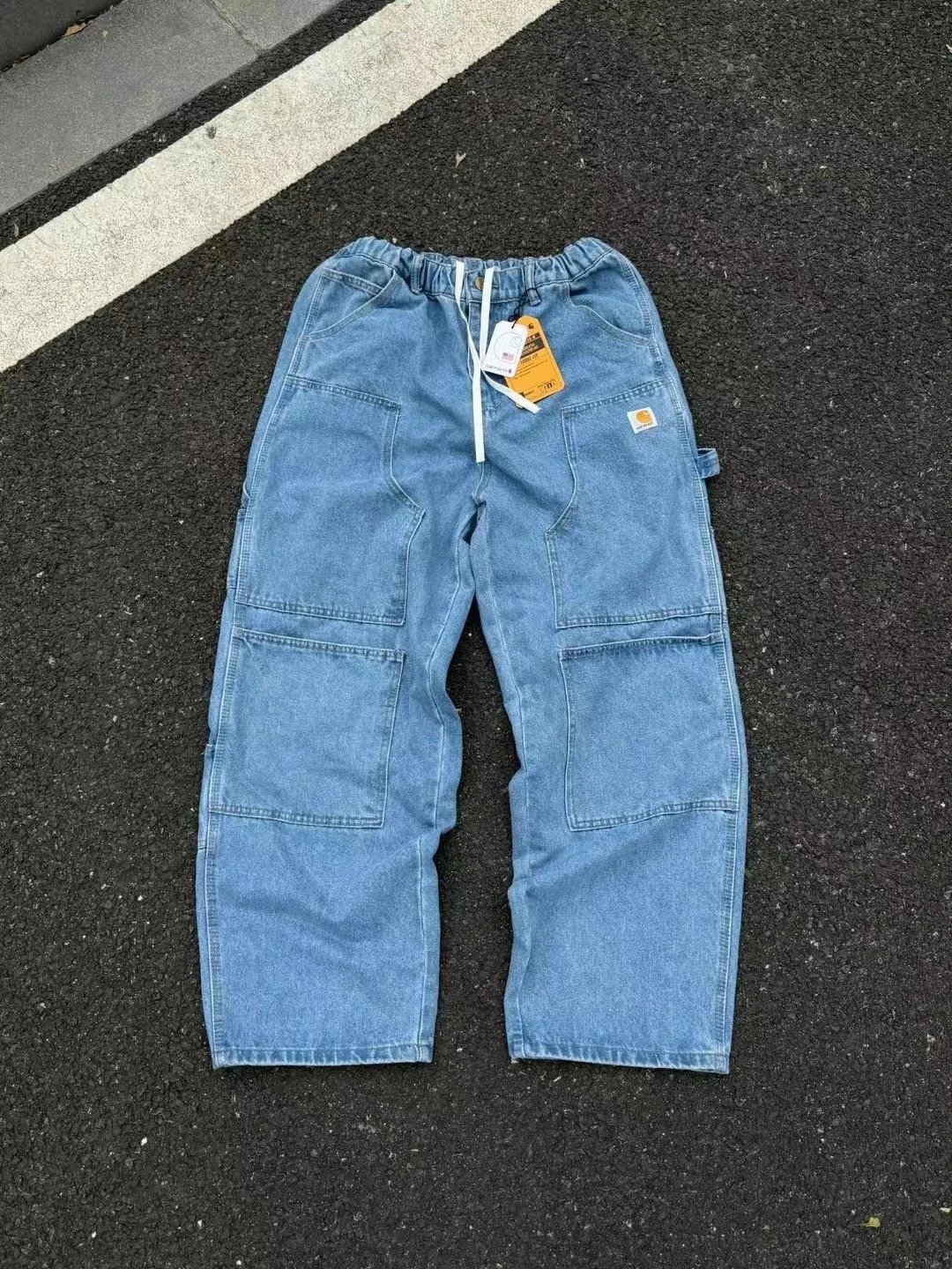 Carhartt Denim Work Pants with Elastic Waist and Pockets