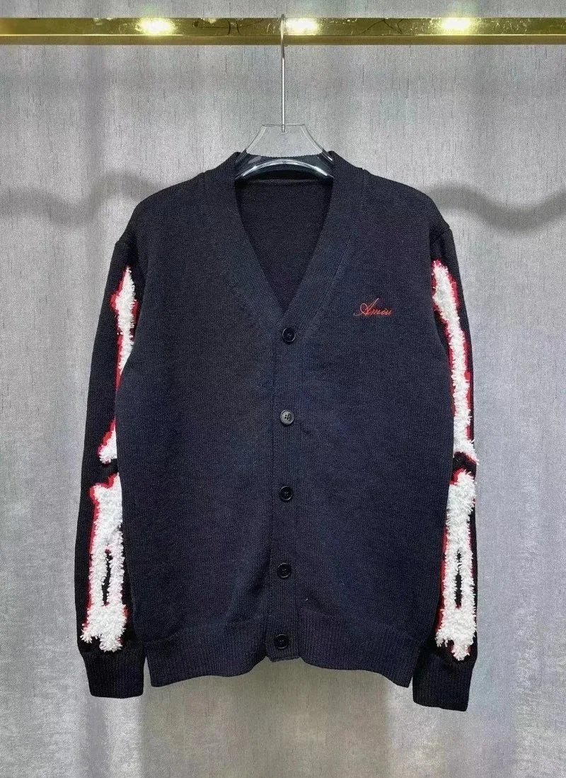 Black Knit Cardigan with White and Red Sleeve Patterns
