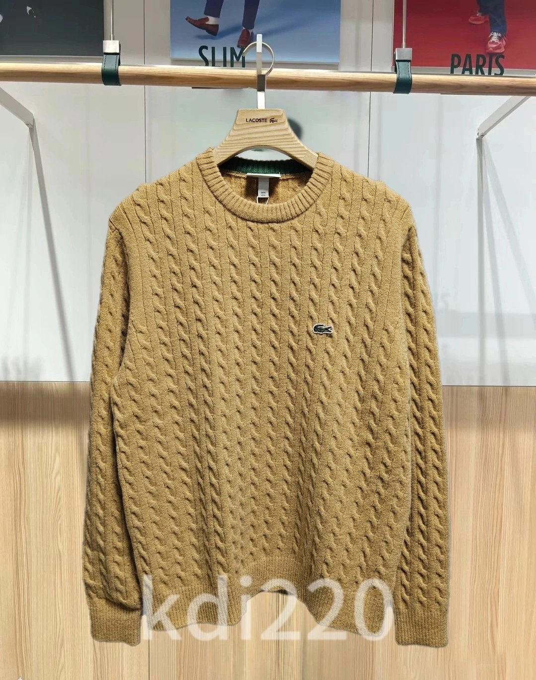 Lacoste Men's Cable Knit Sweater Tan Crew Neck Wool Blend