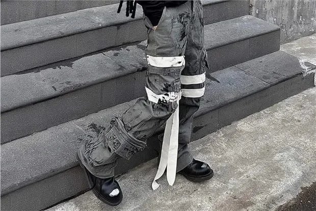 Ripped Cargo Pants with Reflective Stripes Streetwear Style