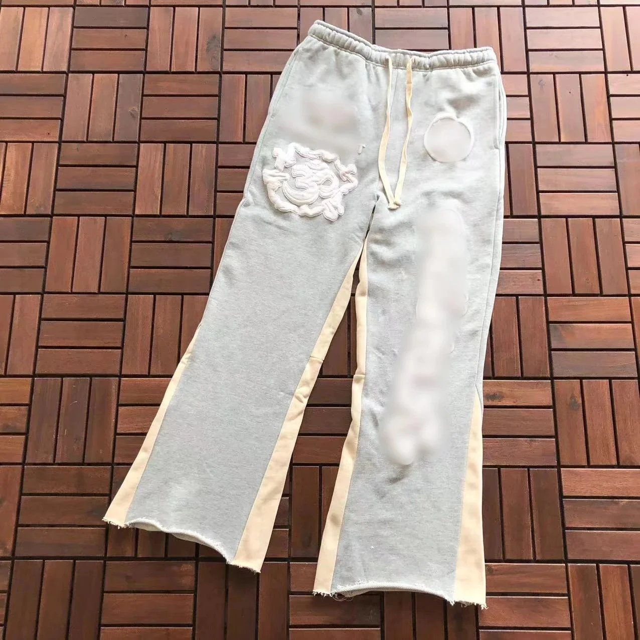 Gray Embroidered Sweatpants with Side Stripes and Drawstring Waist