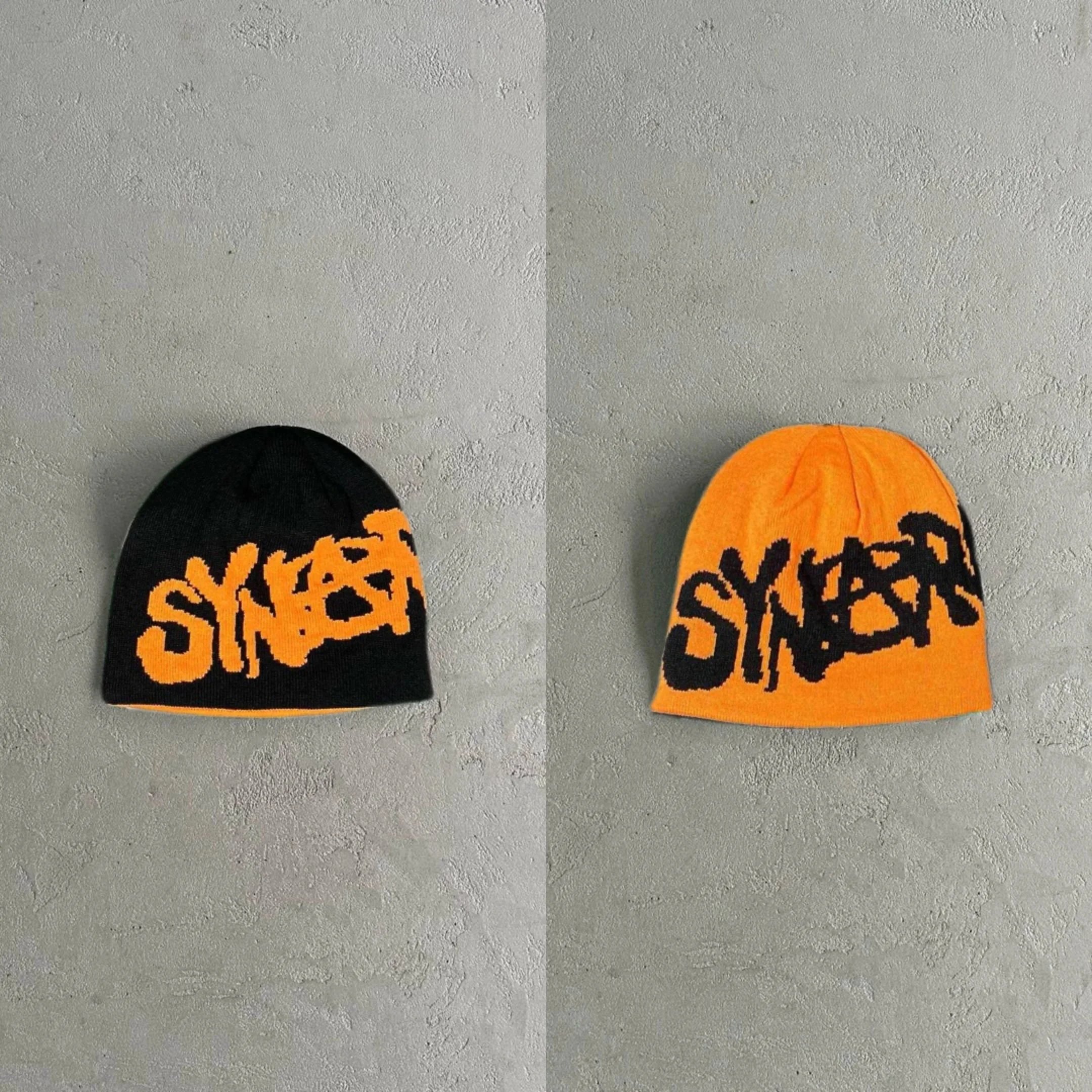 SYNER Knit Beanie Hat Black Orange Graffiti Style