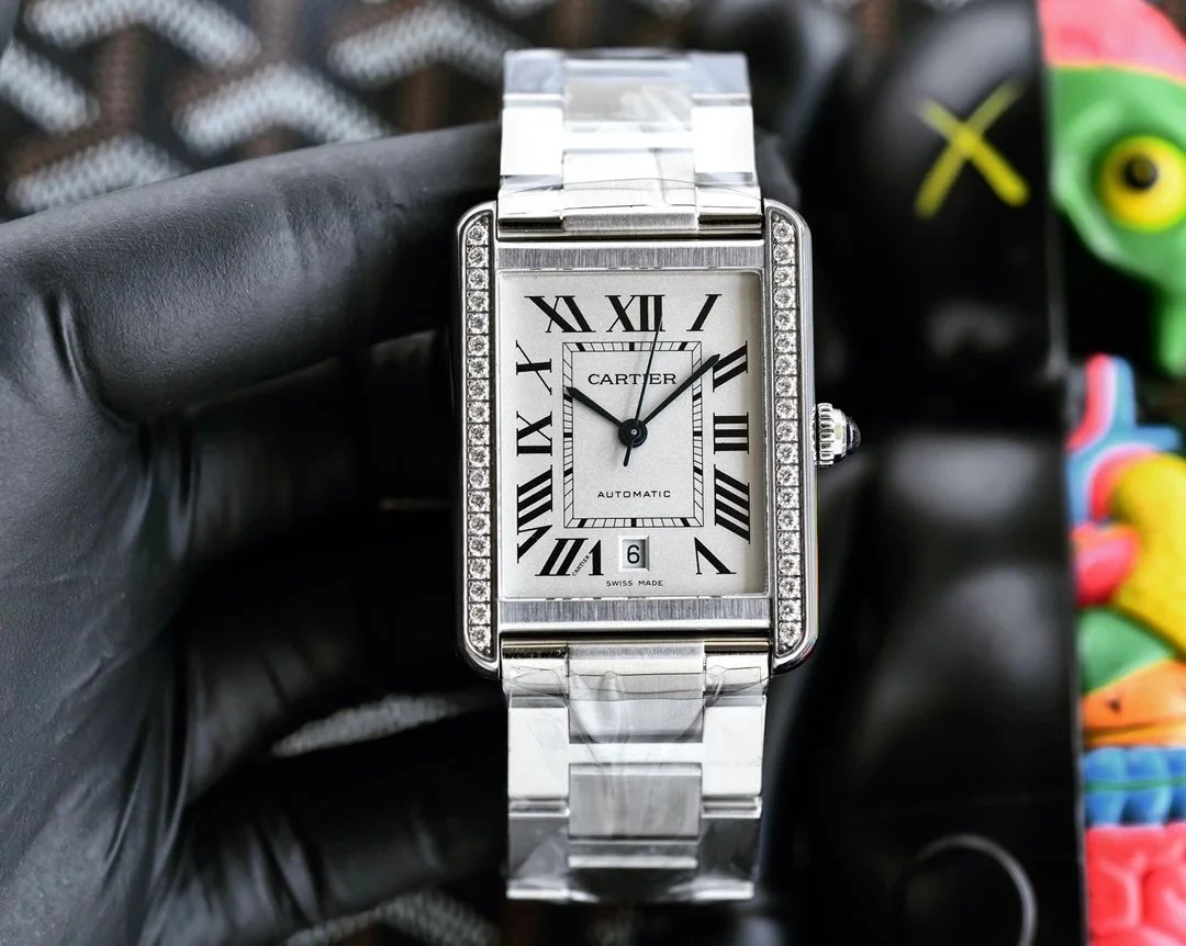 Cartier Tank Watch Automatic Silver Dial Diamond Bezel