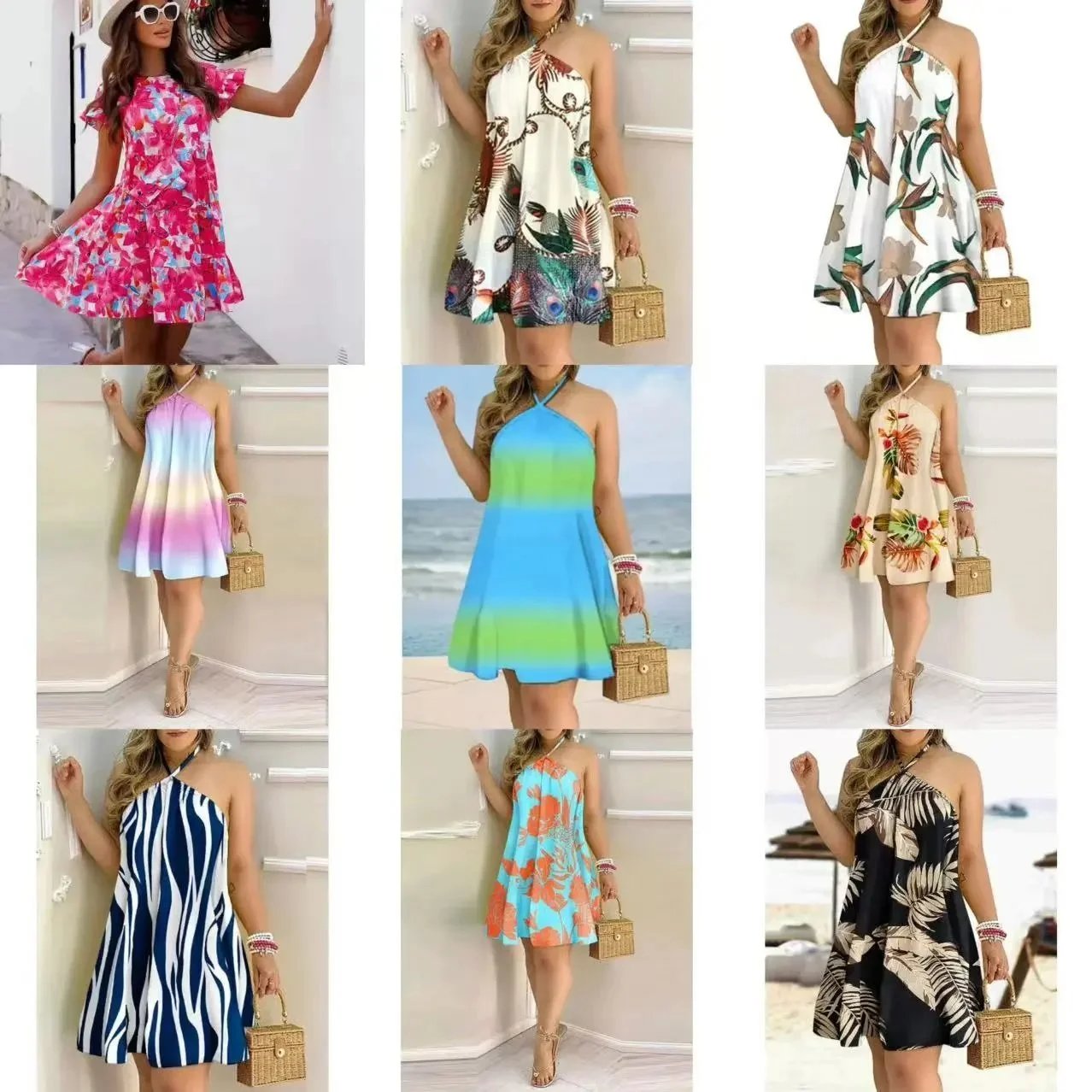 Summer Floral Print Halter Dress Women Beachwear Casual Mini Dress