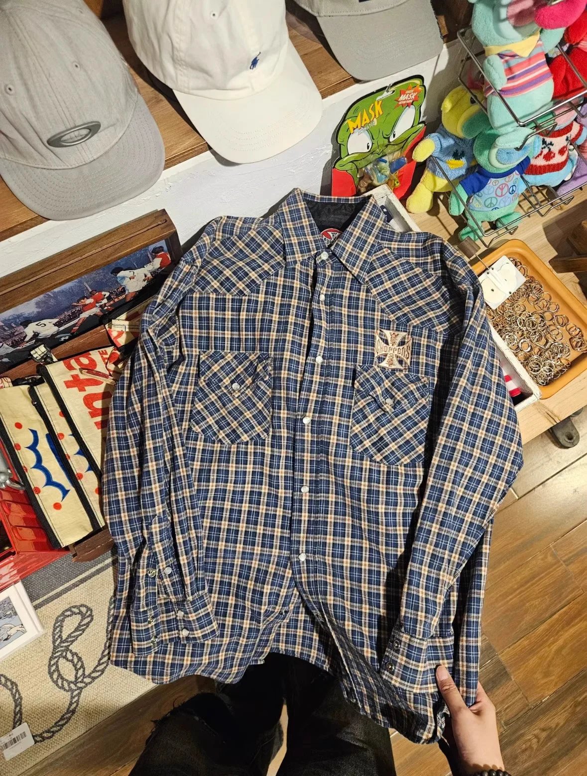 Blue Plaid Long Sleeve Shirt with Patch Logo