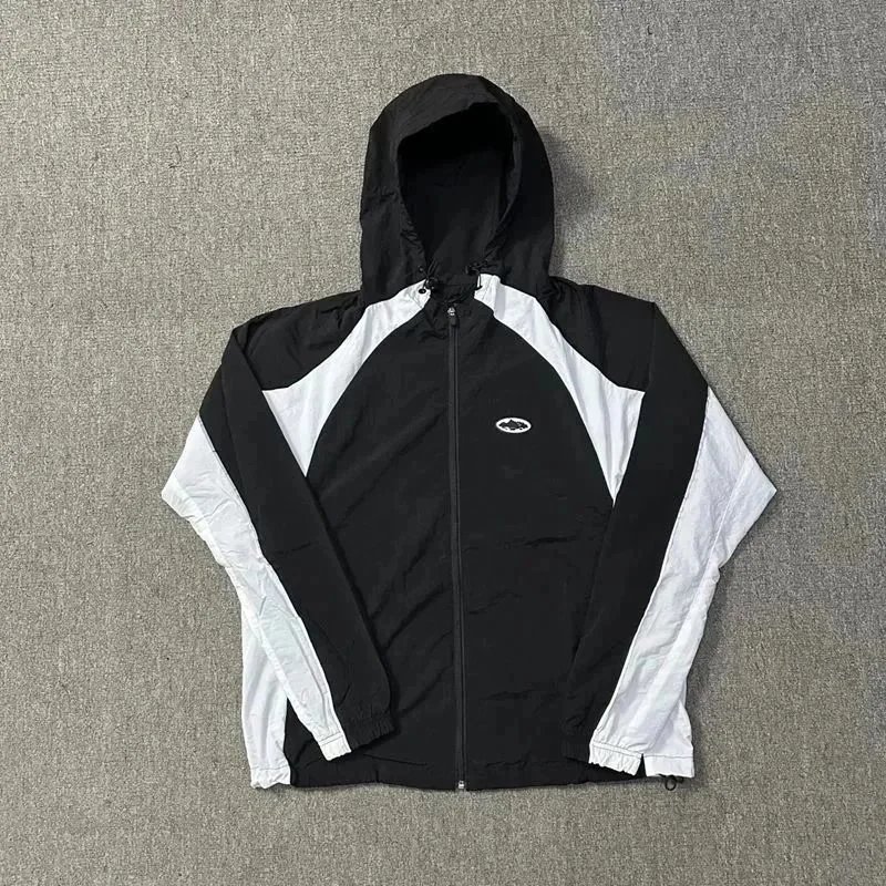 Black and White Hooded Windbreaker Jacket for Men