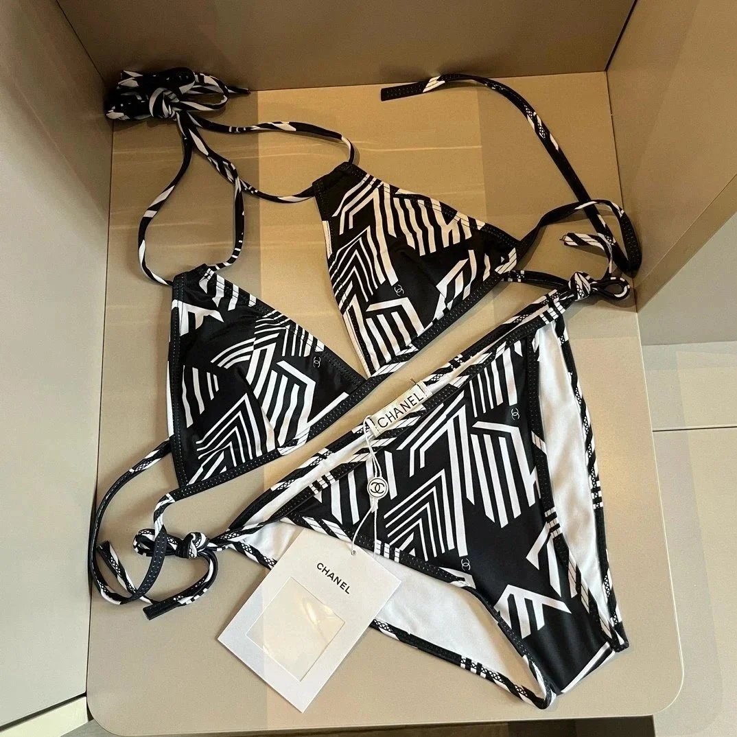 CHANEL Black White Geometric Print Bikini Set