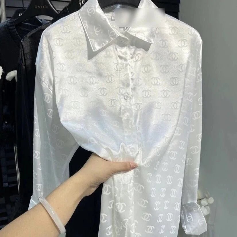 White Silk Logo Pattern Blouse Women's Long Sleeve Shirt