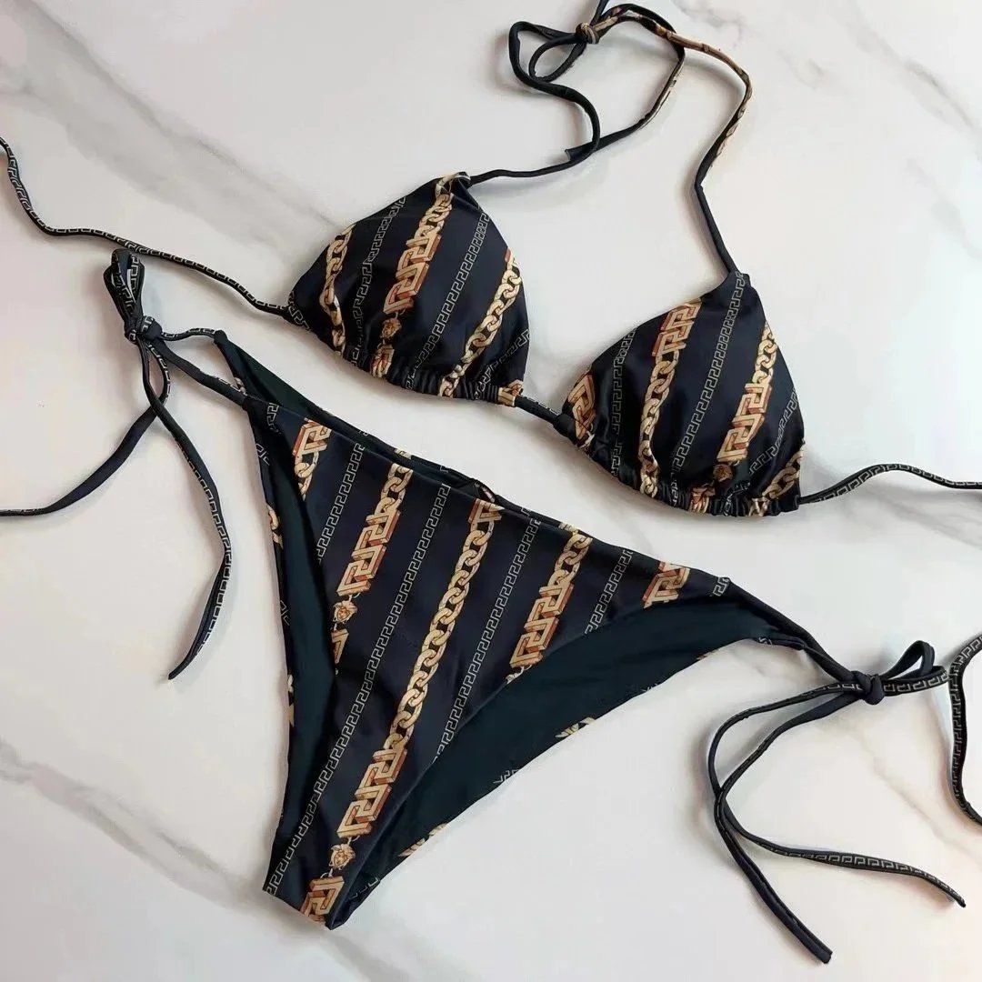 Black and Gold Chain Print Bikini Set Women's Swimwear