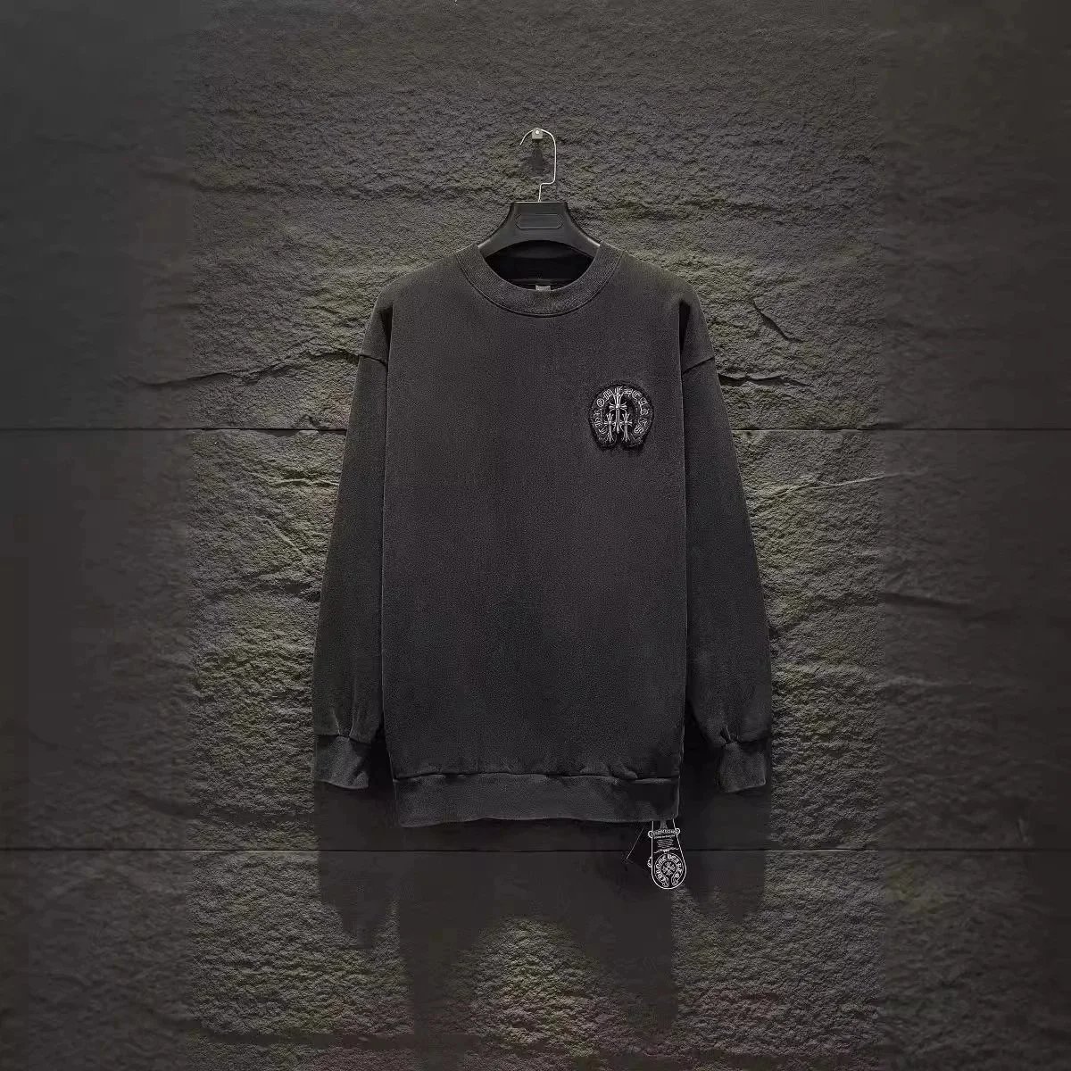Black Crewneck Sweatshirt with Embroidered Logo Design