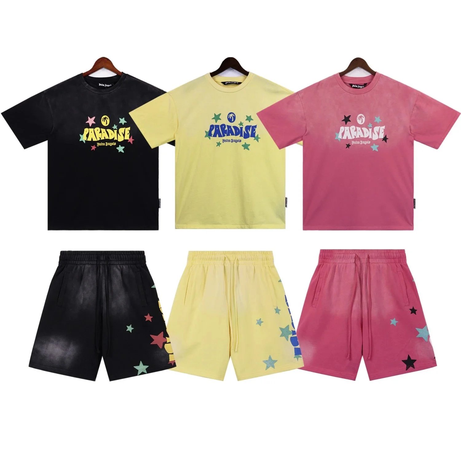 Paradise T-Shirt and Shorts Set - Black, Yellow, Pink