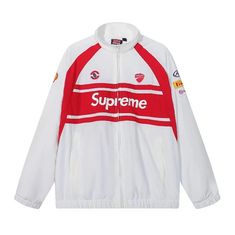 Supreme Red and White Track Jacket with Logo and Patches