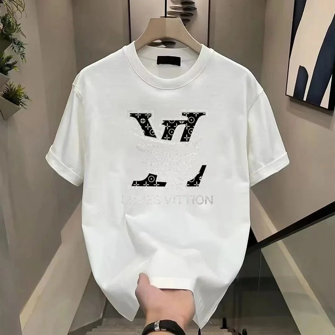 White LV Logo Print T-Shirt Men's Fashion Casual Top