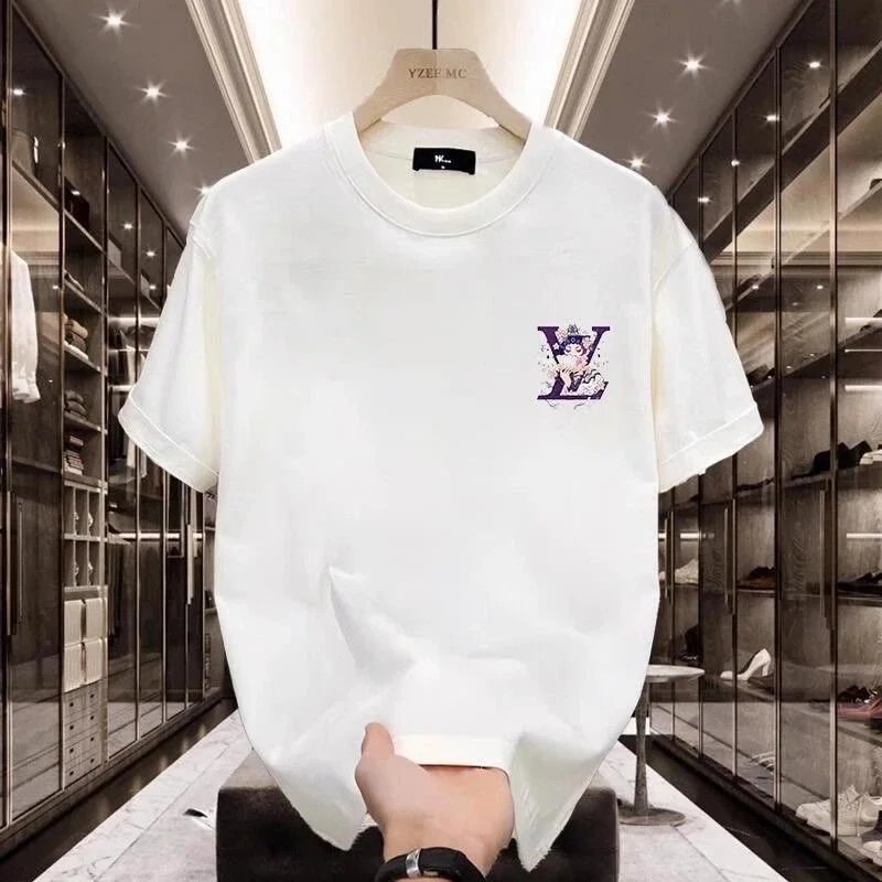 White LV Logo Print T-Shirt Men's Casual Fashion Top