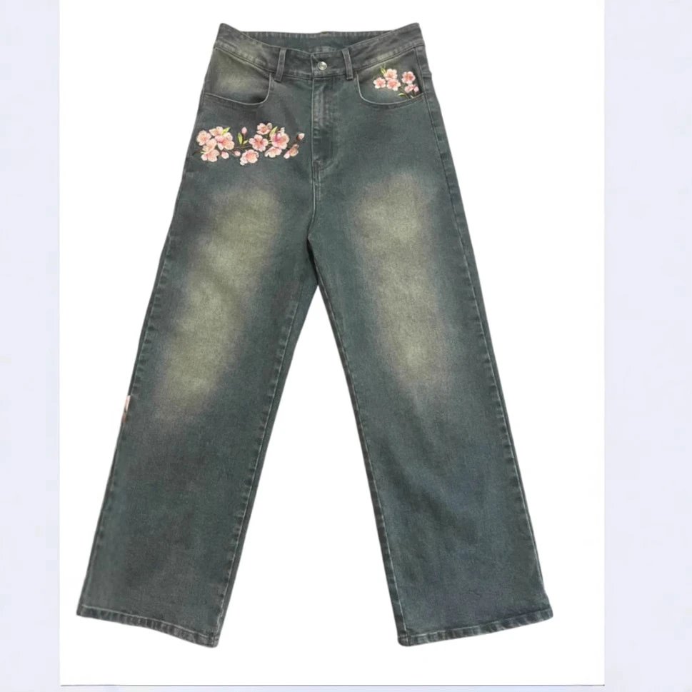 Floral Embroidered Wide Leg Jeans for Women