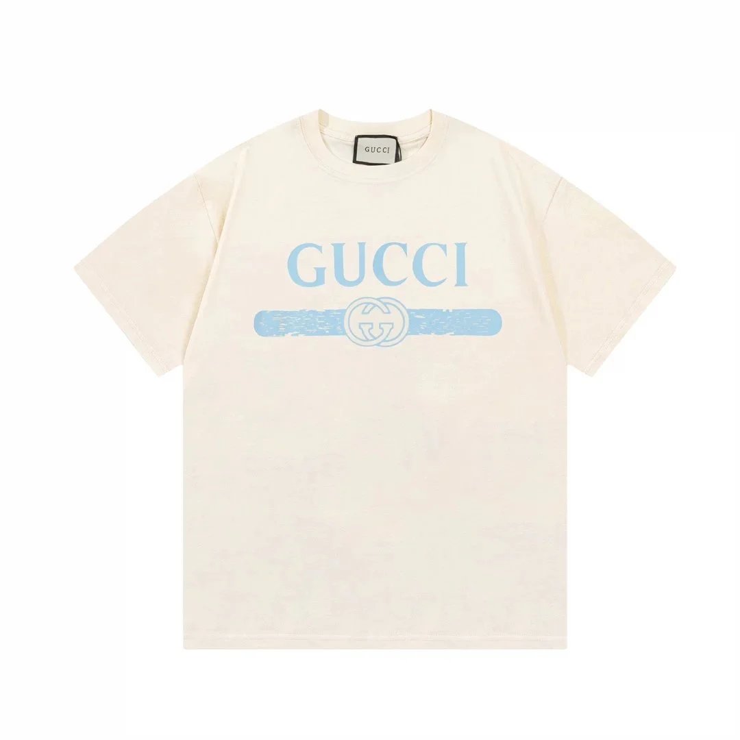 Gucci Logo Print T-Shirt Cream Blue