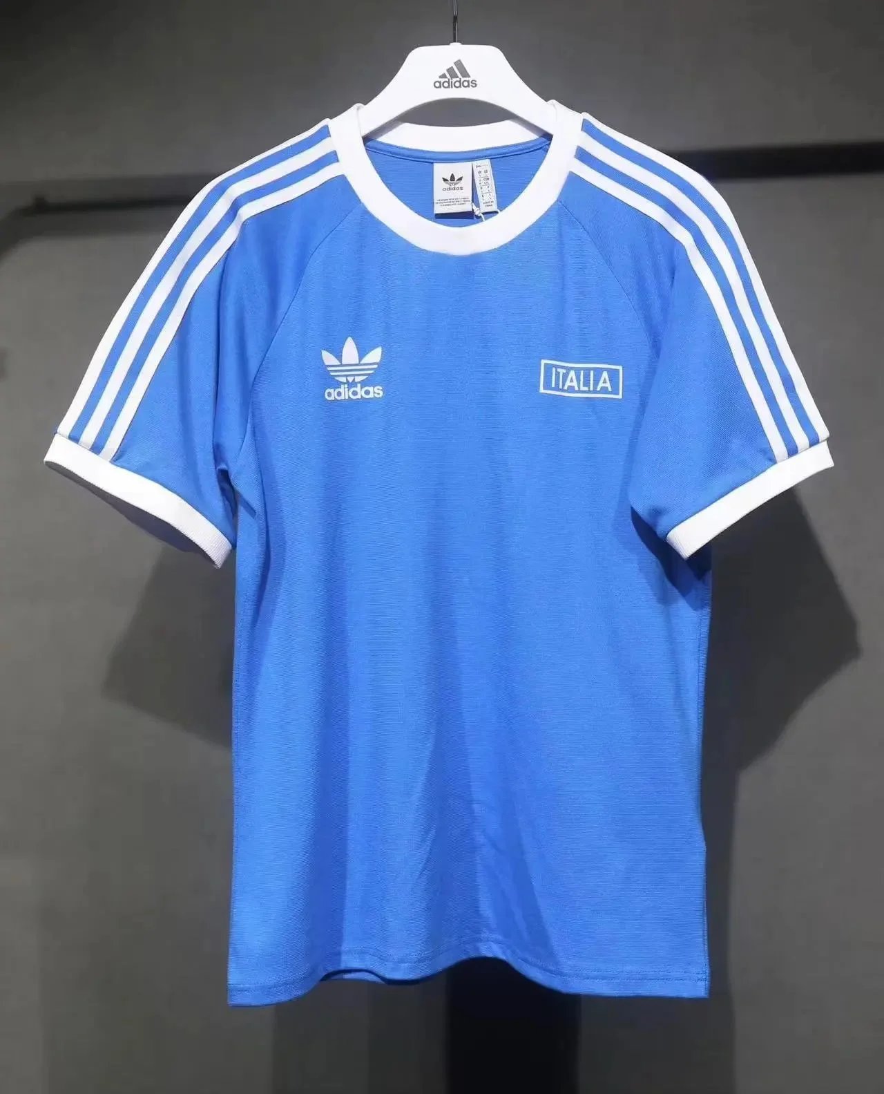 Adidas Italia Blue T-Shirt with White Stripes