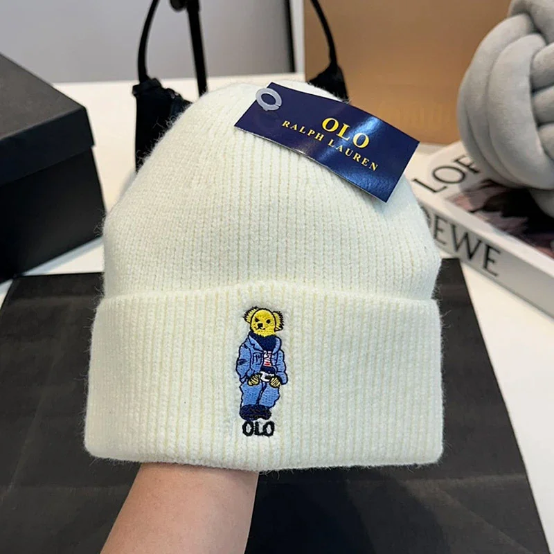 Polo Ralph Lauren White Knit Beanie with Bear Logo