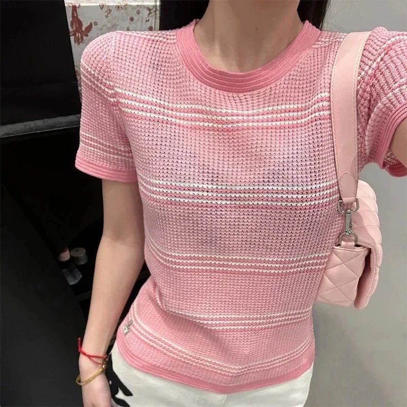 Pink Knit Short Sleeve T-Shirt with Striped Pattern
