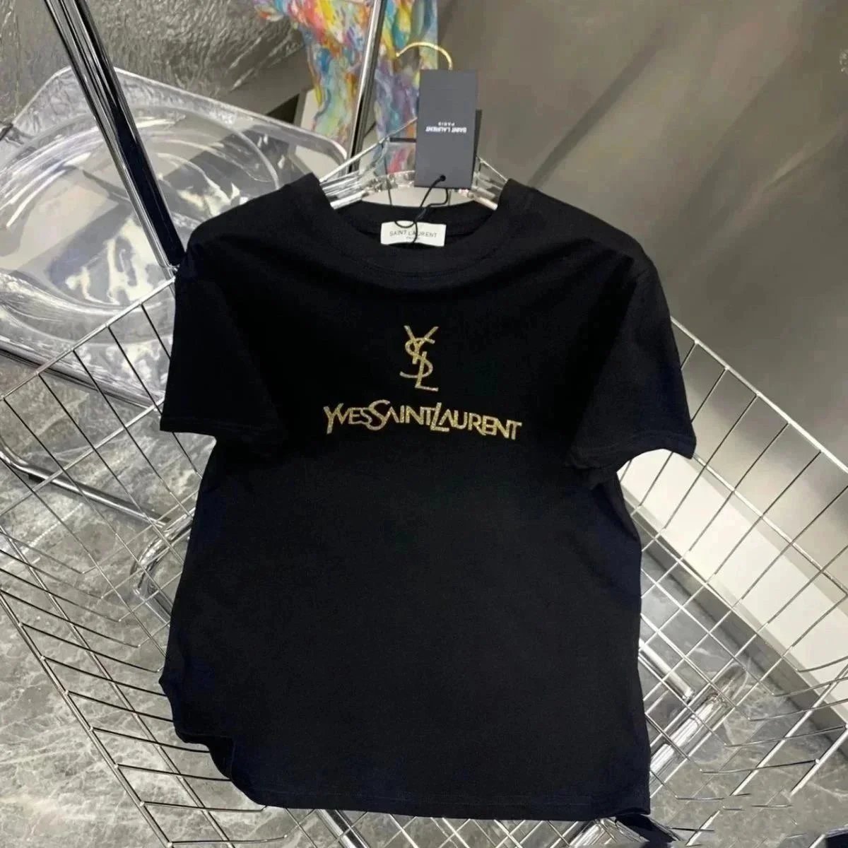 Saint Laurent Black T-Shirt with Gold Logo Embroidery