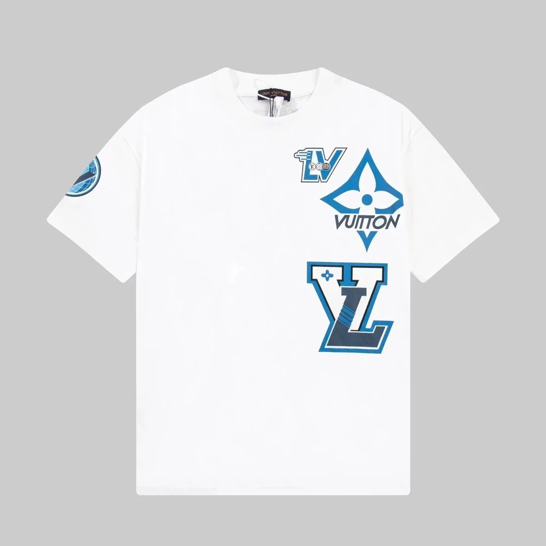 Louis Vuitton White T-Shirt with Blue LV Logo Design