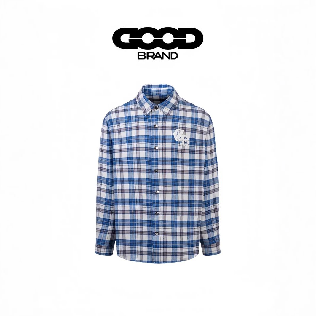 Blue Plaid Button-Up Shirt with Logo Patch