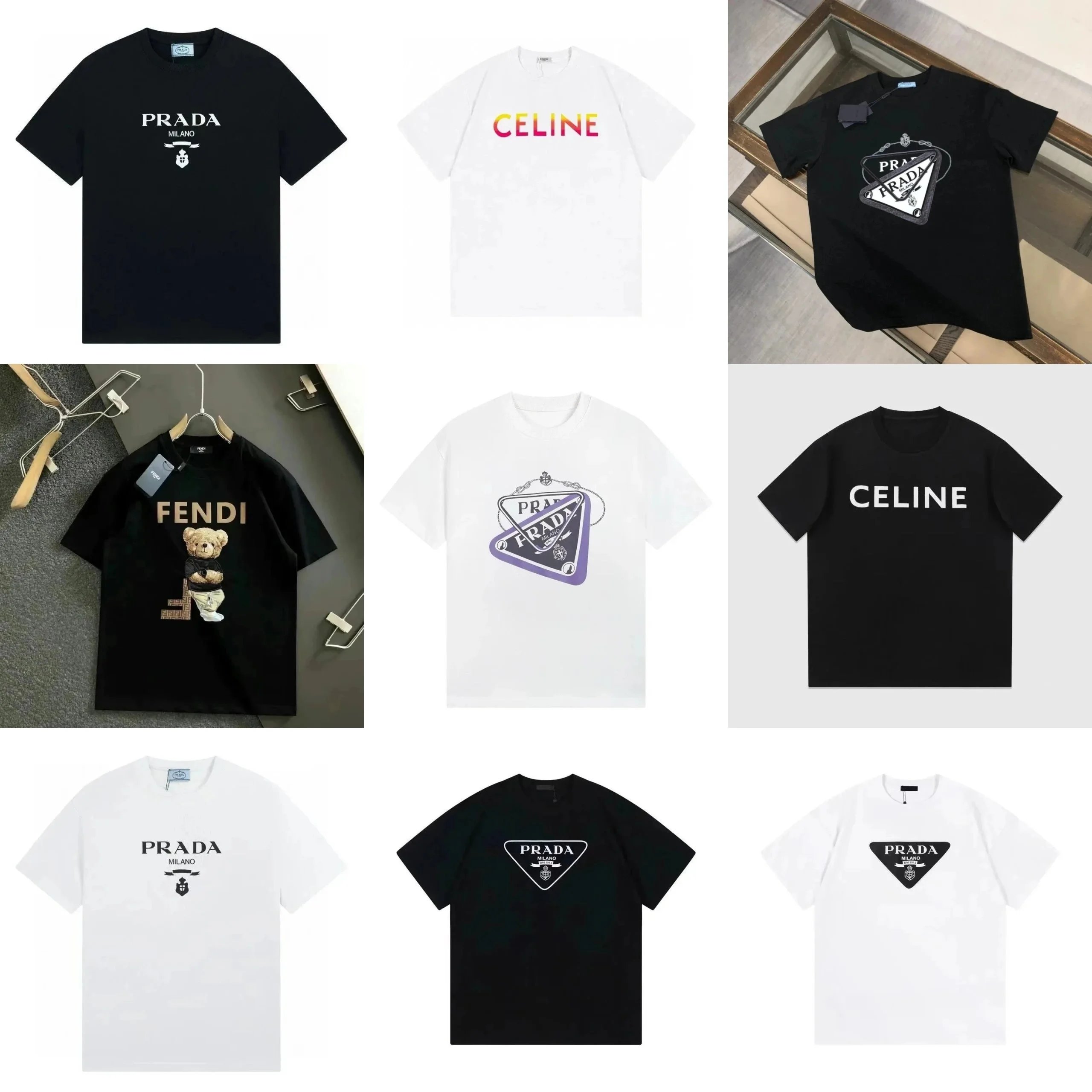 PRADA Celine Fendi Logo T-Shirt Men Women Fashion Streetwear