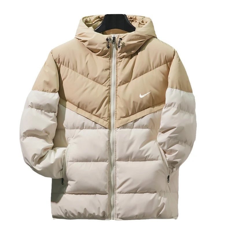 Nike Beige Puffer Jacket with Hood and Zip Closure