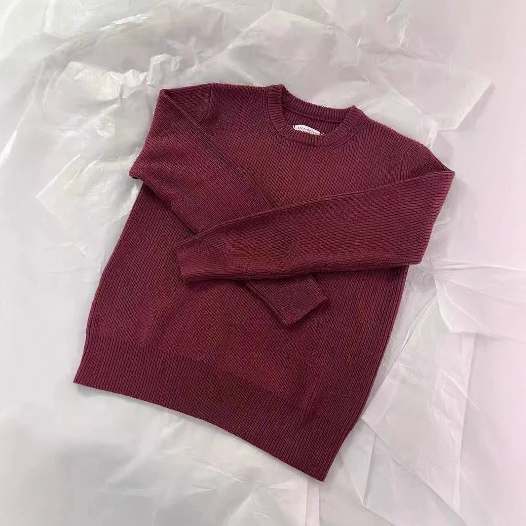 Ribbed Knit Sweater Burgundy Crewneck Long Sleeve Women's Top
